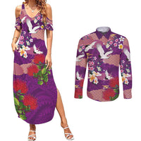 Hawaiian and Japanese Culture Together Couples Matching Summer Maxi Dress and Long Sleeve Button Shirt Purple Ohia Lehua Plumeria and Sakura Blooming LT03 Purple - Polynesian Pride