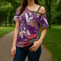 Hawaiian and Japanese Culture Together Cross Shoulder Shirt Purple Ohia Lehua Plumeria and Sakura Blooming - Polynesian Pride