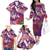 Hawaiian and Japanese Culture Together Family Matching Off The Shoulder Long Sleeve Dress and Hawaiian Shirt Purple Ohia Lehua Plumeria and Sakura Blooming LT03 - Polynesian Pride