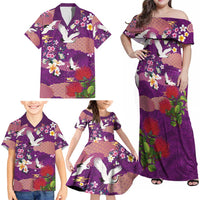 Hawaiian and Japanese Culture Together Family Matching Off Shoulder Maxi Dress and Hawaiian Shirt Purple Ohia Lehua Plumeria and Sakura Blooming - Polynesian Pride