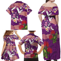 Hawaiian and Japanese Culture Together Family Matching Off Shoulder Maxi Dress and Hawaiian Shirt Purple Ohia Lehua Plumeria and Sakura Blooming - Polynesian Pride