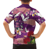 Hawaiian and Japanese Culture Together Family Matching Off Shoulder Short Dress and Hawaiian Shirt Purple Ohia Lehua Plumeria and Sakura Blooming LT03 - Polynesian Pride
