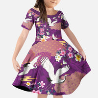 Hawaiian and Japanese Culture Together Family Matching Off Shoulder Short Dress and Hawaiian Shirt Purple Ohia Lehua Plumeria and Sakura Blooming LT03 Daughter's Dress Purple - Polynesian Pride