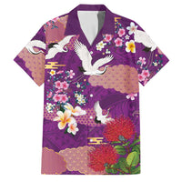 Hawaiian and Japanese Culture Together Family Matching Off Shoulder Short Dress and Hawaiian Shirt Purple Ohia Lehua Plumeria and Sakura Blooming LT03 Dad's Shirt - Short Sleeve Purple - Polynesian Pride