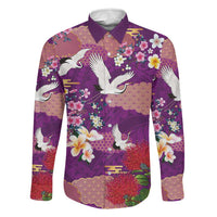 Hawaiian and Japanese Culture Together Family Matching Off Shoulder Short Dress and Hawaiian Shirt Purple Ohia Lehua Plumeria and Sakura Blooming LT03 Dad's Shirt - Long Sleeve Purple - Polynesian Pride
