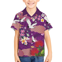 Hawaiian and Japanese Culture Together Family Matching Off Shoulder Short Dress and Hawaiian Shirt Purple Ohia Lehua Plumeria and Sakura Blooming LT03 Son's Shirt Purple - Polynesian Pride