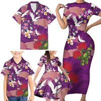 Hawaiian and Japanese Culture Together Family Matching Short Sleeve Bodycon Dress and Hawaiian Shirt Purple Ohia Lehua Plumeria and Sakura Blooming LT03 - Polynesian Pride