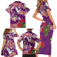 Hawaiian and Japanese Culture Together Family Matching Short Sleeve Bodycon Dress and Hawaiian Shirt Purple Ohia Lehua Plumeria and Sakura Blooming LT03 - Polynesian Pride