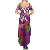 Hawaiian and Japanese Culture Together Family Matching Summer Maxi Dress and Hawaiian Shirt Purple Ohia Lehua Plumeria and Sakura Blooming LT03 - Polynesian Pride