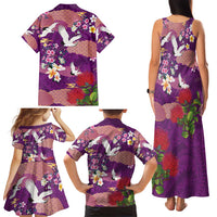 Hawaiian and Japanese Culture Together Family Matching Tank Maxi Dress and Hawaiian Shirt Purple Ohia Lehua Plumeria and Sakura Blooming - Polynesian Pride