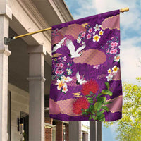 Hawaiian and Japanese Culture Together Garden Flag Purple Ohia Lehua Plumeria and Sakura Blooming - Polynesian Pride