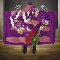 Hawaiian and Japanese Culture Together Hooded Blanket Purple Ohia Lehua Plumeria and Sakura Blooming - Polynesian Pride
