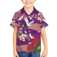 Hawaiian and Japanese Culture Together Kid Hawaiian Shirt Purple Ohia Lehua Plumeria and Sakura Blooming LT03 Kid Purple - Polynesian Pride