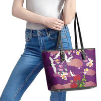 Hawaiian and Japanese Culture Together Leather Tote Bag Purple Ohia Lehua Plumeria and Sakura Blooming - Polynesian Pride