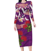 Hawaiian and Japanese Culture Together Long Sleeve Bodycon Dress Purple Ohia Lehua Plumeria and Sakura Blooming - Polynesian Pride