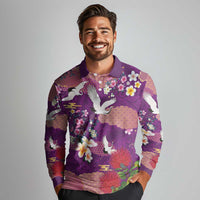 Hawaiian and Japanese Culture Together Long Sleeve Polo Shirt Purple Ohia Lehua Plumeria and Sakura Blooming - Polynesian Pride