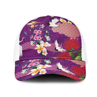 Hawaiian and Japanese Culture Together Mesh Trucker Cap Purple Ohia Lehua Plumeria and Sakura Blooming LT03 One Size White Purple - Polynesian Pride