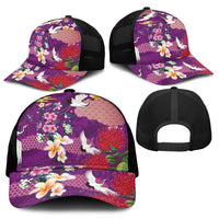 Hawaiian and Japanese Culture Together Mesh Trucker Cap Purple Ohia Lehua Plumeria and Sakura Blooming - Polynesian Pride