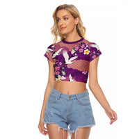 Hawaiian and Japanese Culture Together Raglan Cropped T Shirt Purple Ohia Lehua Plumeria and Sakura Blooming - Polynesian Pride