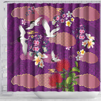 Hawaiian and Japanese Culture Together Shower Curtain Purple Ohia Lehua Plumeria and Sakura Blooming - Polynesian Pride