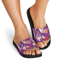 Hawaiian and Japanese Culture Together Slide Sandals Purple Ohia Lehua Plumeria and Sakura Blooming - Polynesian Pride
