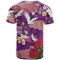 Hawaiian and Japanese Culture Together T Shirt Purple Ohia Lehua Plumeria and Sakura Blooming - Polynesian Pride