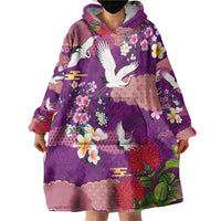 Hawaiian and Japanese Culture Together Wearable Blanket Hoodie Purple Ohia Lehua Plumeria and Sakura Blooming - Polynesian Pride