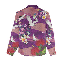 Hawaiian and Japanese Culture Together Women Casual Shirt Purple Ohia Lehua Plumeria and Sakura Blooming - Polynesian Pride