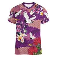 Hawaiian and Japanese Culture Together Women V-Neck T-Shirt Purple Ohia Lehua Plumeria and Sakura Blooming - Polynesian Pride