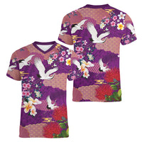 Hawaiian and Japanese Culture Together Women V-Neck T-Shirt Purple Ohia Lehua Plumeria and Sakura Blooming - Polynesian Pride