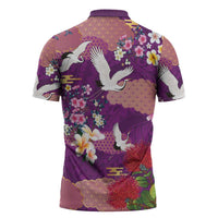 Hawaiian and Japanese Culture Together Zipper Polo Shirt Purple Ohia Lehua Plumeria and Sakura Blooming LT03 - Polynesian Pride