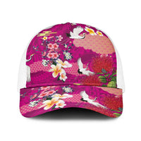 Hawaiian and Japanese Culture Together Baseball Net Cap Pink Ohia Lehua Plumeria and Sakura Blooming LT03 One Size White Pink - Polynesian Pride