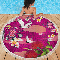 Hawaiian and Japanese Culture Together Beach Blanket Pink Ohia Lehua Plumeria and Sakura Blooming - Polynesian Pride