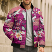 Hawaiian and Japanese Culture Together Bomber Puffer Jacket Pink Ohia Lehua Plumeria and Sakura Blooming - Polynesian Pride