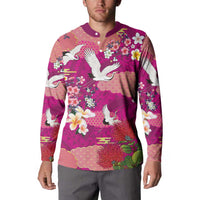 Hawaiian and Japanese Culture Together Button Sweatshirt Pink Ohia Lehua Plumeria and Sakura Blooming - Polynesian Pride