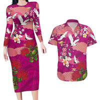 Hawaiian and Japanese Culture Together Couples Matching Long Sleeve Bodycon Dress and Hawaiian Shirt Pink Ohia Lehua Plumeria and Sakura Blooming - Polynesian Pride