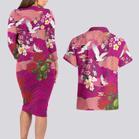 Hawaiian and Japanese Culture Together Couples Matching Long Sleeve Bodycon Dress and Hawaiian Shirt Pink Ohia Lehua Plumeria and Sakura Blooming - Polynesian Pride