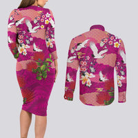 Hawaiian and Japanese Culture Together Couples Matching Long Sleeve Bodycon Dress and Long Sleeve Button Shirt Pink Ohia Lehua Plumeria and Sakura Blooming - Polynesian Pride