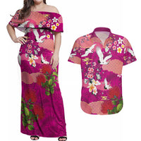 Hawaiian and Japanese Culture Together Couples Matching Off Shoulder Maxi Dress and Hawaiian Shirt Pink Ohia Lehua Plumeria and Sakura Blooming - Polynesian Pride