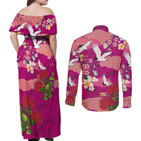 Hawaiian and Japanese Culture Together Couples Matching Off Shoulder Maxi Dress and Long Sleeve Button Shirt Pink Ohia Lehua Plumeria and Sakura Blooming - Polynesian Pride