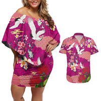 Hawaiian and Japanese Culture Together Couples Matching Off Shoulder Short Dress and Hawaiian Shirt Pink Ohia Lehua Plumeria and Sakura Blooming - Polynesian Pride