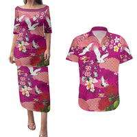 Hawaiian and Japanese Culture Together Couples Matching Puletasi and Hawaiian Shirt Pink Ohia Lehua Plumeria and Sakura Blooming LT03 Pink - Polynesian Pride