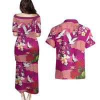 Hawaiian and Japanese Culture Together Couples Matching Puletasi and Hawaiian Shirt Pink Ohia Lehua Plumeria and Sakura Blooming LT03 - Polynesian Pride