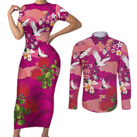 Hawaiian and Japanese Culture Together Couples Matching Short Sleeve Bodycon Dress and Long Sleeve Button Shirt Pink Ohia Lehua Plumeria and Sakura Blooming LT03 Pink - Polynesian Pride