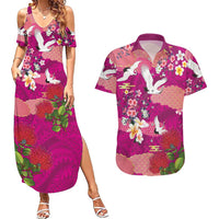 Hawaiian and Japanese Culture Together Couples Matching Summer Maxi Dress and Hawaiian Shirt Pink Ohia Lehua Plumeria and Sakura Blooming LT03 Pink - Polynesian Pride