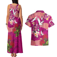 Hawaiian and Japanese Culture Together Couples Matching Tank Maxi Dress and Hawaiian Shirt Pink Ohia Lehua Plumeria and Sakura Blooming LT03 - Polynesian Pride