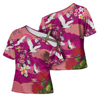 Hawaiian and Japanese Culture Together Cross Shoulder Shirt Pink Ohia Lehua Plumeria and Sakura Blooming LT03 - Polynesian Pride