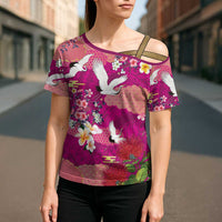 Hawaiian and Japanese Culture Together Cross Shoulder Shirt Pink Ohia Lehua Plumeria and Sakura Blooming LT03 - Polynesian Pride