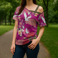 Hawaiian and Japanese Culture Together Cross Shoulder Shirt Pink Ohia Lehua Plumeria and Sakura Blooming - Polynesian Pride
