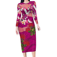 Hawaiian and Japanese Culture Together Family Matching Long Sleeve Bodycon Dress and Hawaiian Shirt Pink Ohia Lehua Plumeria and Sakura Blooming LT03 Mom's Dress Pink - Polynesian Pride